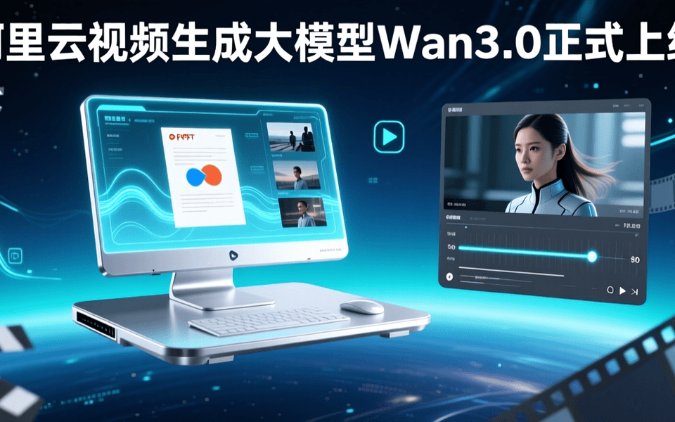 深蓝色科技感封面：悬浮智能工作站将PPT文档与图片素材转化为视频画面，右侧显示视频播放器与时间轴，顶部标题为“阿里云视频生成大模型Wan3.0正式上线”