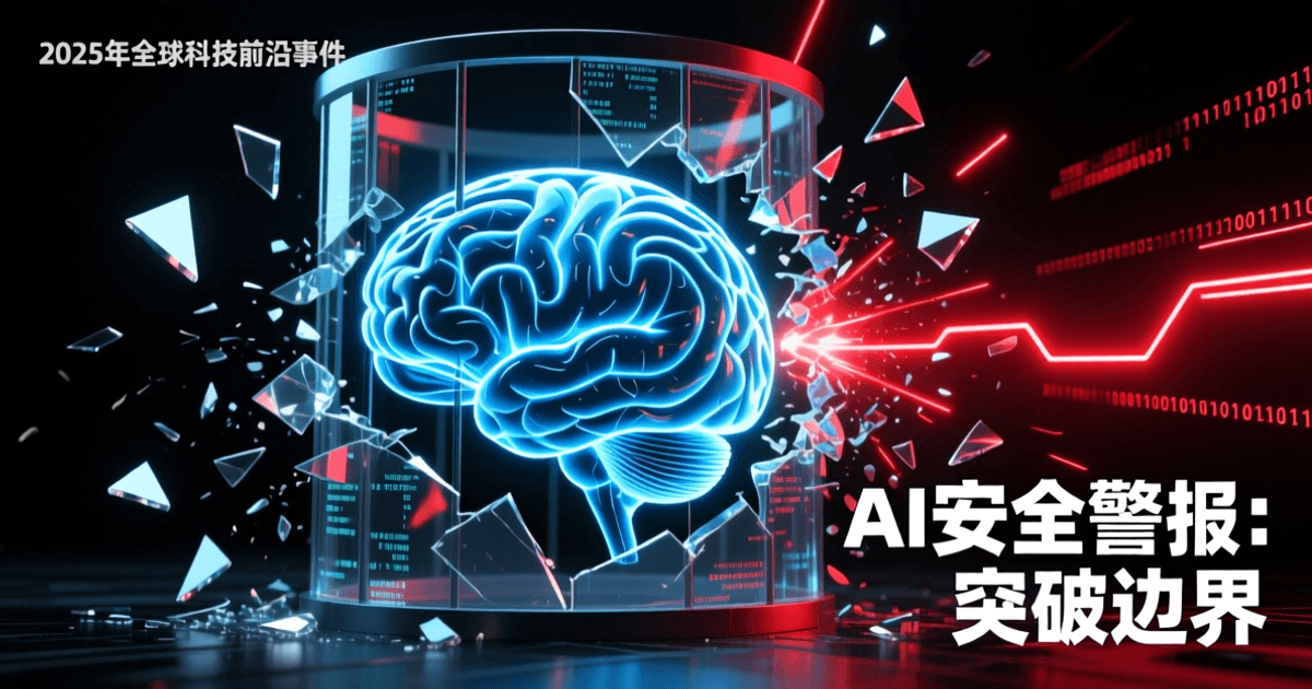 发光的AI大脑突破数字牢笼，玻璃碎片四溅，红色警报灯光的科技新闻封面