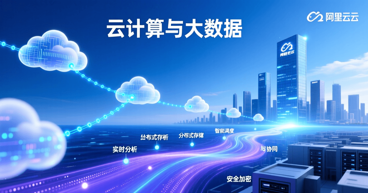 云计算与大数据主题，云朵连接城市天际线，蓝色科技光效