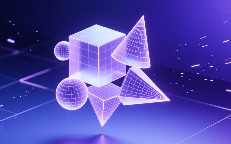 三维立体建模主题，漂浮3D几何体与网格线构成数字雕塑