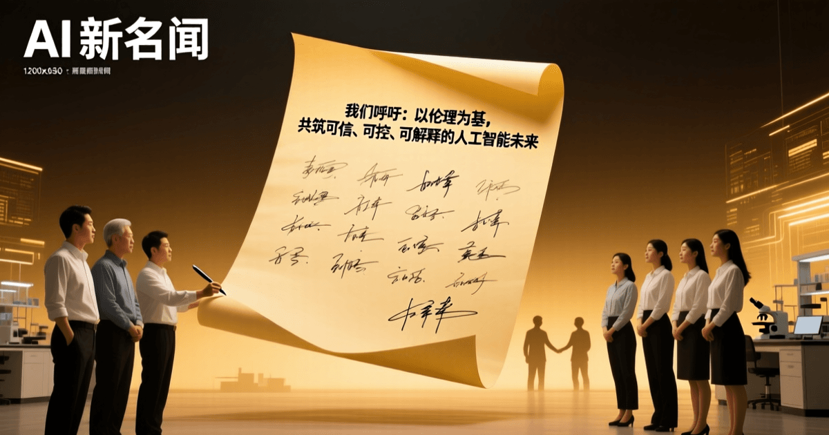 众多AI工程师和研究人员集体签署联名信的震撼场景，暖色调庄重严肃