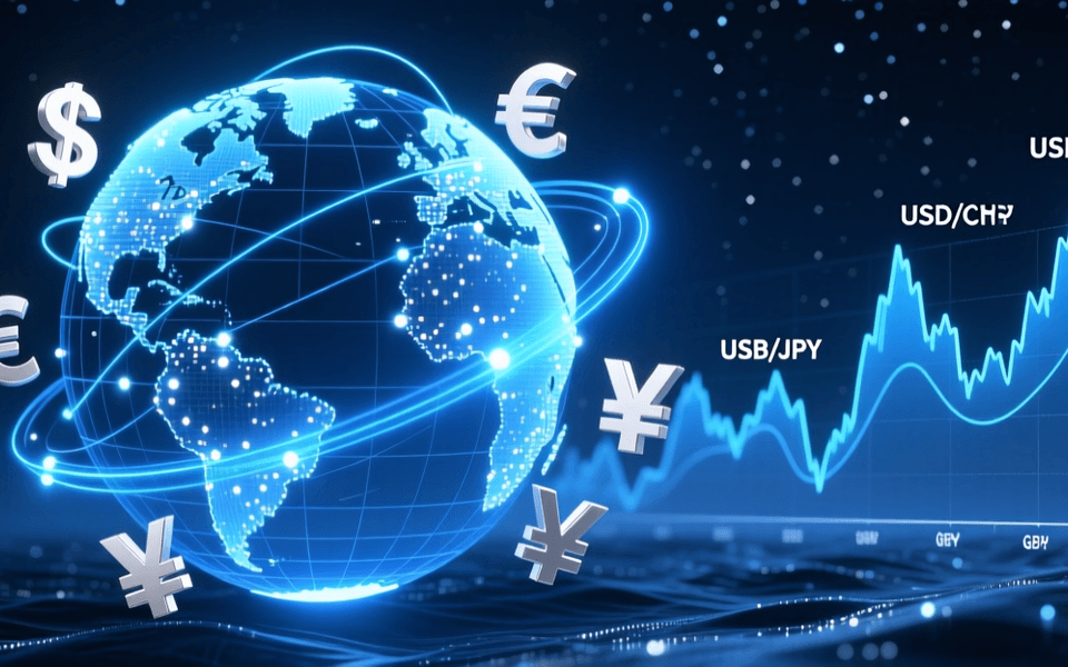 金融科技主题，全球化资金流动与外汇走势图，蓝色科技线条