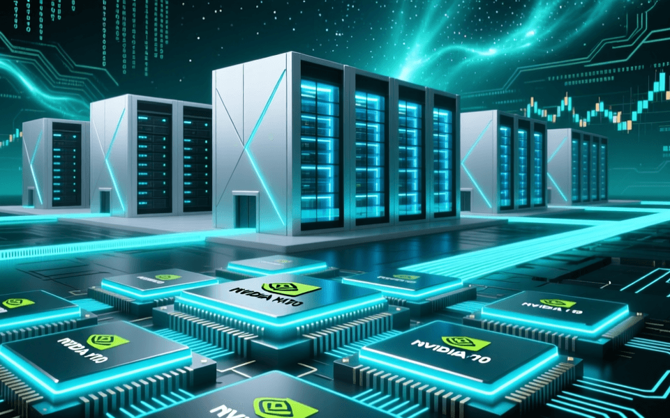 发光的NVIDIA GPU芯片阵列与超大规模数据中心建筑群融合的科技新闻封面，蓝绿科技色调