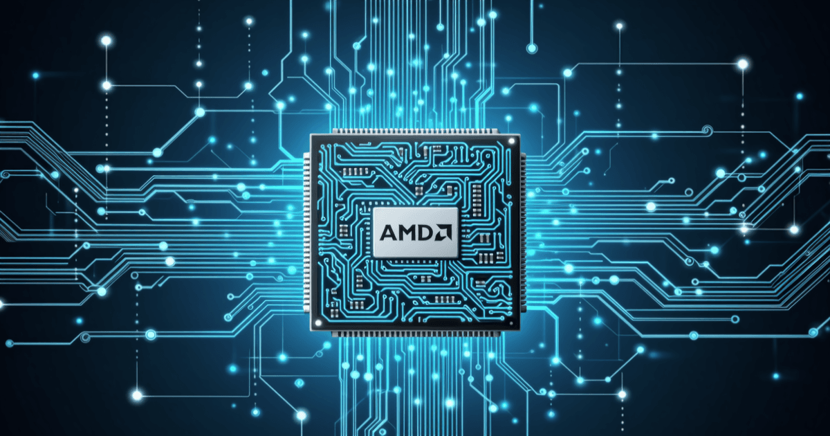 AMD与Anthropic战略合作概念图：芯片电路板纹理与AI神经网络交汇，绿色和深蓝色调