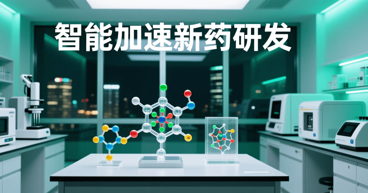 现代药物研发实验室场景，中央实验台上陈列立体分子结构模型与蛋白结构示意装置，背景是大面积玻璃幕墙与洁净的实验设备