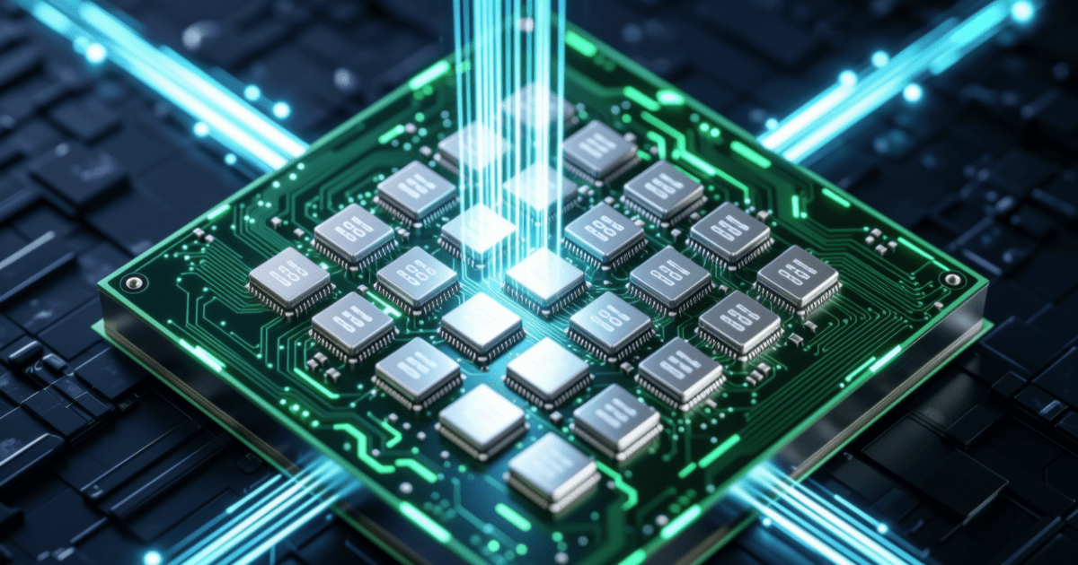 NVIDIA Vera CPU芯片概念图：绿色电路板上88个核心呈矩阵排列，数据流在其中高速穿行