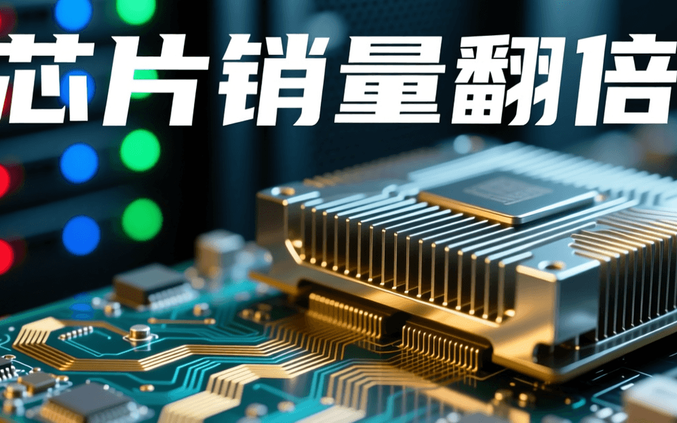 企业级 AI 加速卡与服务器主板的微距特写，金色与青色电路走线清晰，散热金属鳍片占据画面右侧，背景是虚化的数据中心机柜指示灯