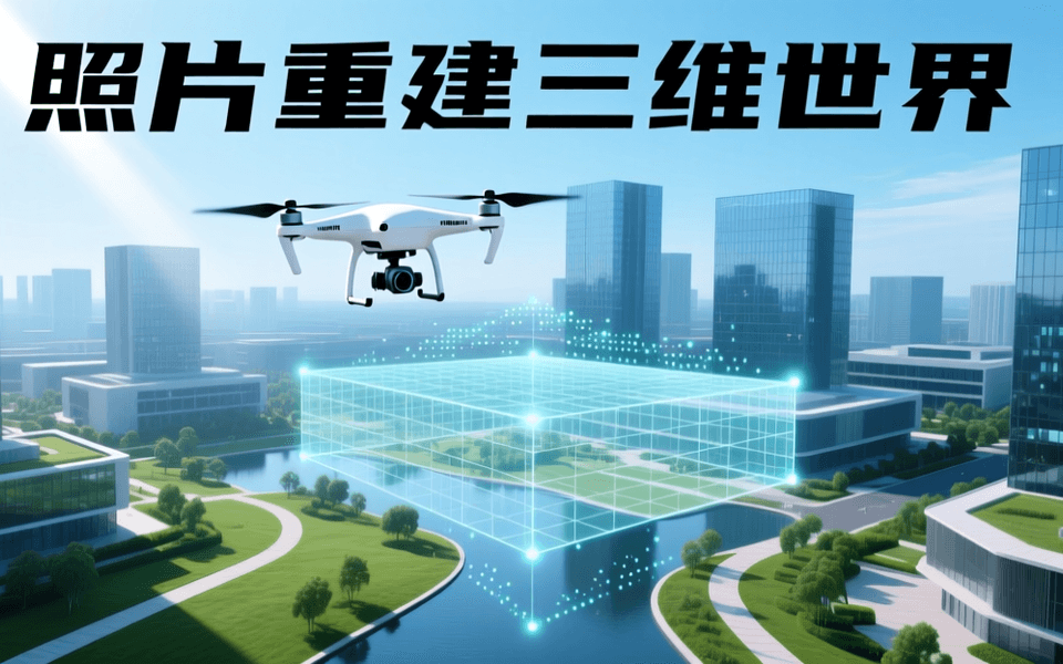 俯瞰视角的现代科技园区，建筑与绿化区域之上叠加半透明三维网格与点云结构，一架白色无人机悬停于画面上方，示意由照片重建的可交互三维世界