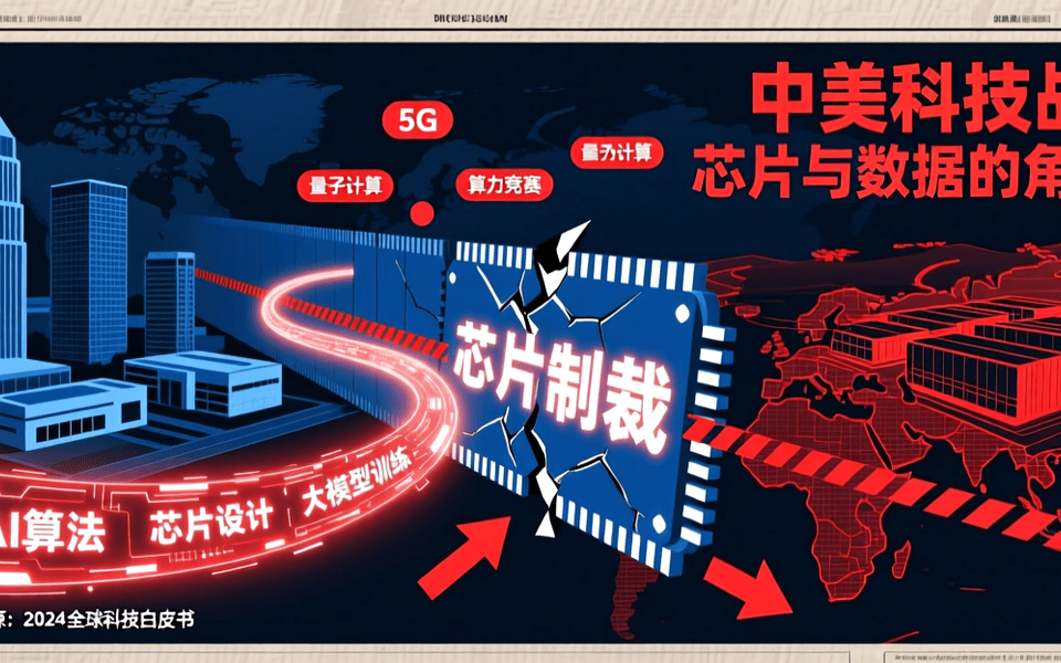 中美AI技术竞争概念图，深蓝与红色调对比，象征地缘政治科技博弈