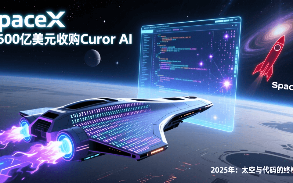 SpaceX以600亿美元收购Cursor AI编程工具的太空与代码融合概念图