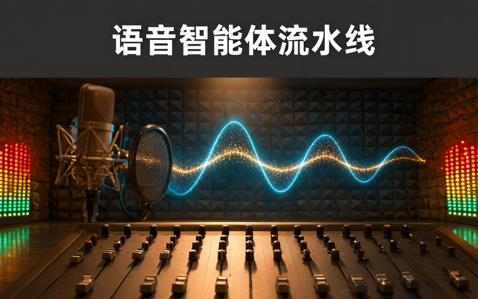 专业录音棚控制室内，前景哑光深灰调音台推子与旋钮整齐排列，中央悬浮三段式发光声波带，墙面吸音楔形海绵阵列与密集电平指示灯