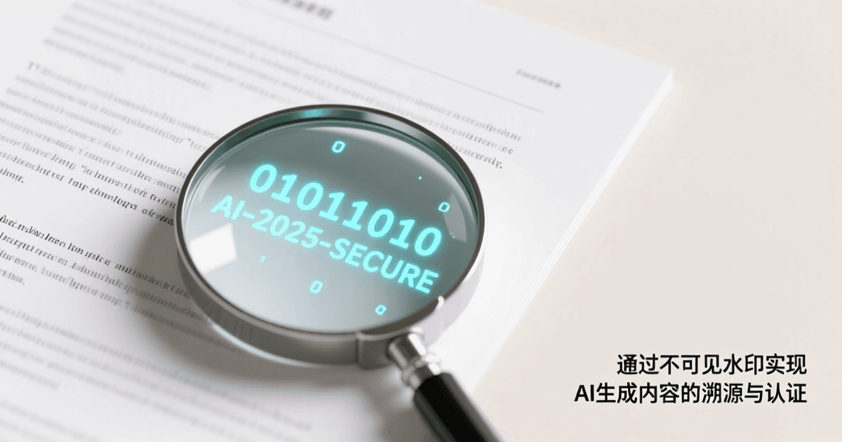 浅色背景上一篇文档中隐含着发光的不可见AI水印标记,放大镜下显现数字编码