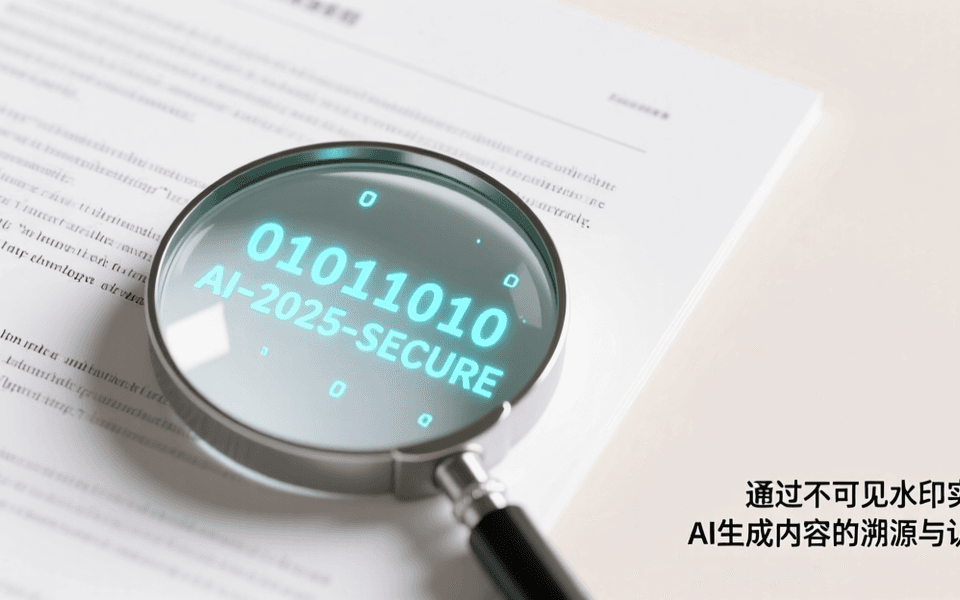 浅色背景上一篇文档中隐含着发光的不可见AI水印标记,放大镜下显现数字编码
