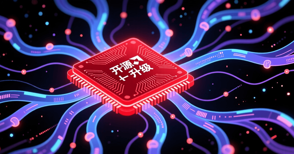 红色 AMD 芯片与抽象神经网络连线,象征开源软件栈升级的科技插画
