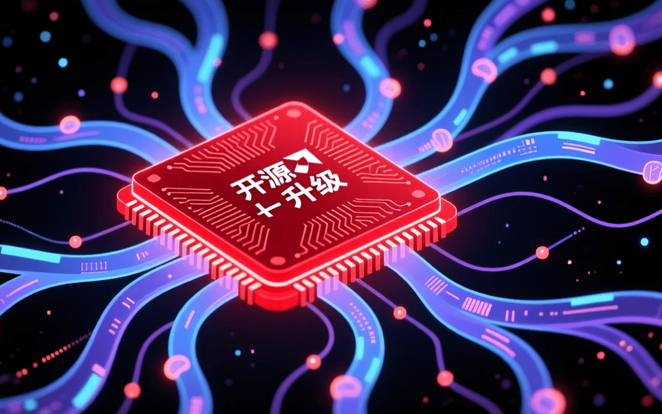 红色 AMD 芯片与抽象神经网络连线,象征开源软件栈升级的科技插画