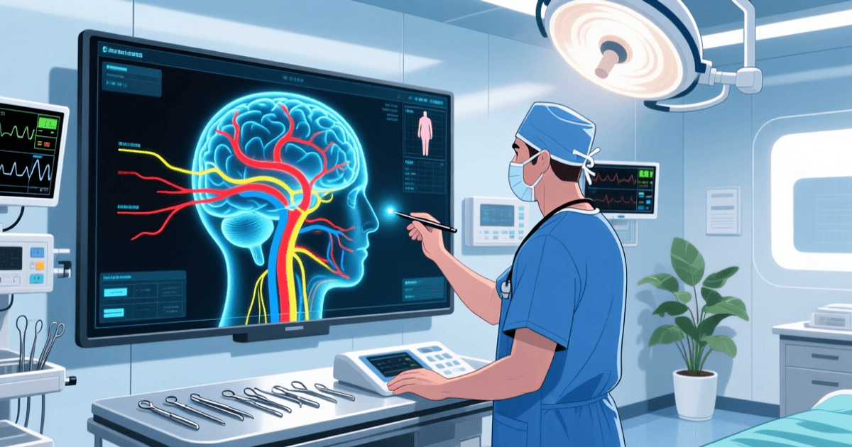 手术室中 AI 辅助影像叠加标记神经血管的医疗科技插画