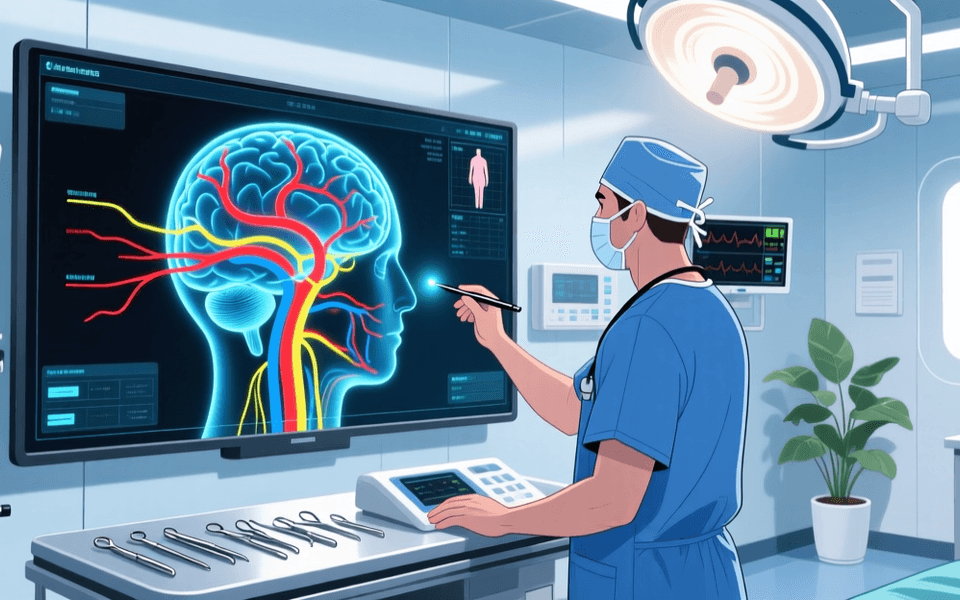 手术室中 AI 辅助影像叠加标记神经血管的医疗科技插画