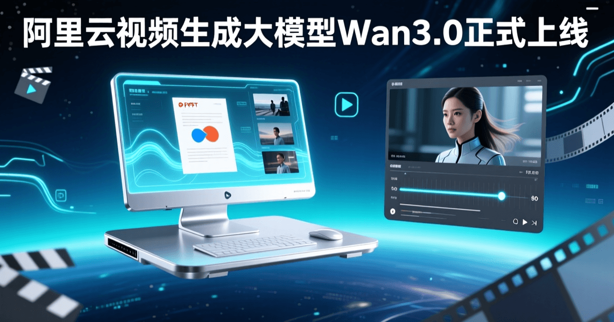 深蓝色科技感封面:悬浮智能工作站将PPT文档与图片素材转化为视频画面,右侧显示视频播放器与时间轴,顶部标题为“阿里云视频生成大模型Wan3.0正式上线”
