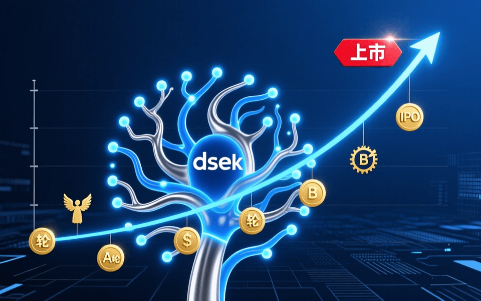 DeepSeek风格,深蓝色科技背景,AI神经网络节点与上升的估值曲线
