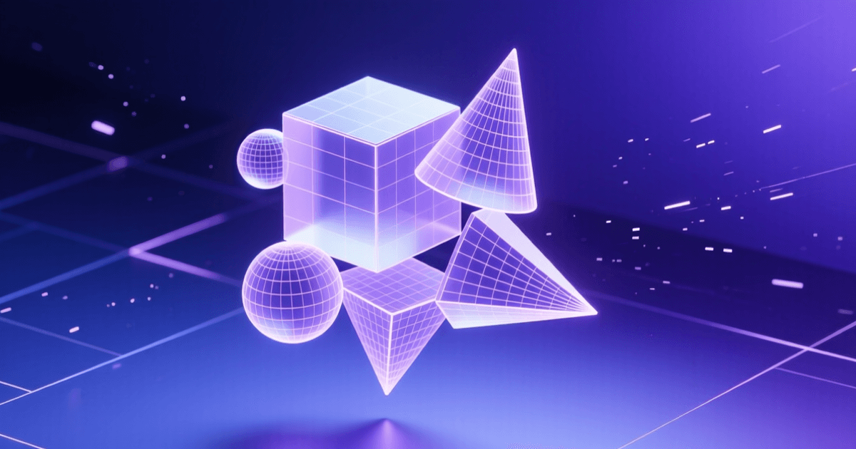 三维立体建模主题,漂浮3D几何体与网格线构成数字雕塑
