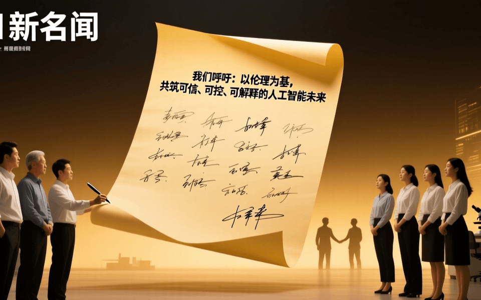 众多AI工程师和研究人员集体签署联名信的震撼场景,暖色调庄重严肃