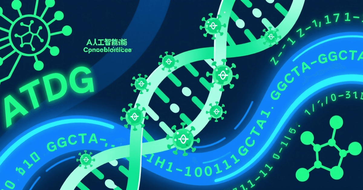 DNA 双螺旋与微小的病毒粒子交织,背景为基因序列数据流,蓝绿色调,象征 AI 与合成生物学的结合