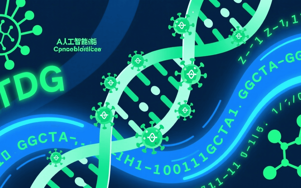 DNA 双螺旋与微小的病毒粒子交织,背景为基因序列数据流,蓝绿色调,象征 AI 与合成生物学的结合