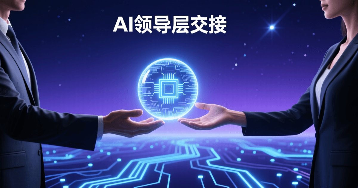 蓝紫色渐变背景中,两只手在数字空间传递一颗发光的智能核心球体,周围环绕抽象电路光路,象征 AI 领导层交接