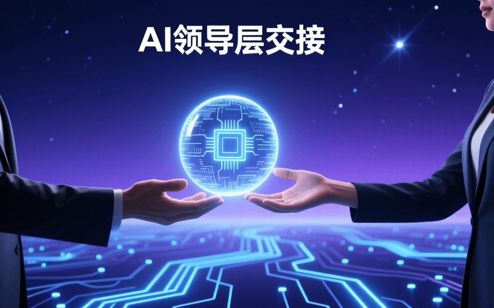 蓝紫色渐变背景中,两只手在数字空间传递一颗发光的智能核心球体,周围环绕抽象电路光路,象征 AI 领导层交接