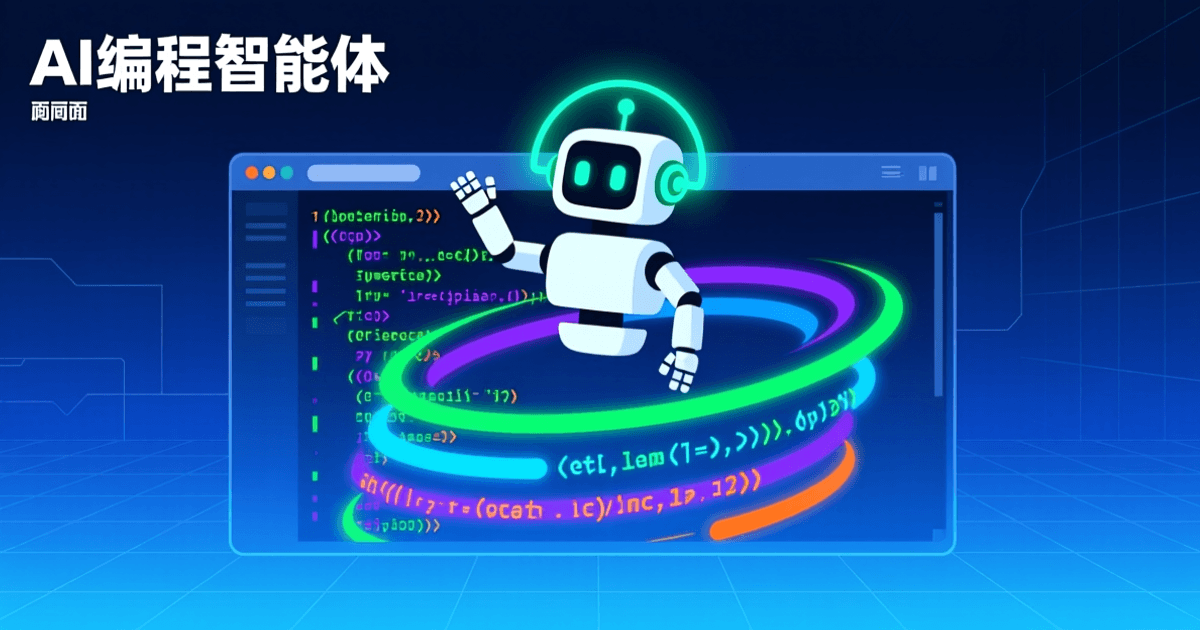 深蓝色背景上,发光的终端命令行窗口与彩色代码流环绕着悬浮的机器人助手图标,象征 AI 编程智能体