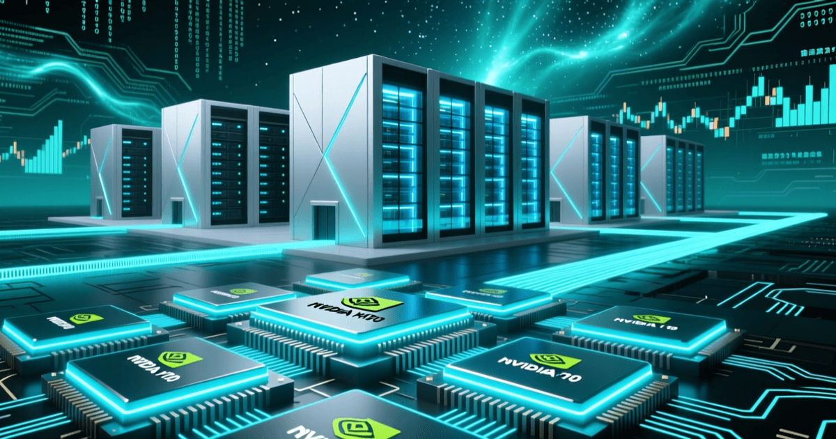发光的NVIDIA GPU芯片阵列与超大规模数据中心建筑群融合的科技新闻封面,蓝绿科技色调