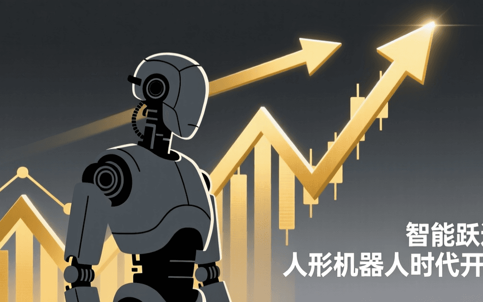 人形机器人剪影站立在上升的 K 线图与金色箭头旁,象征机器人公司登陆资本市场