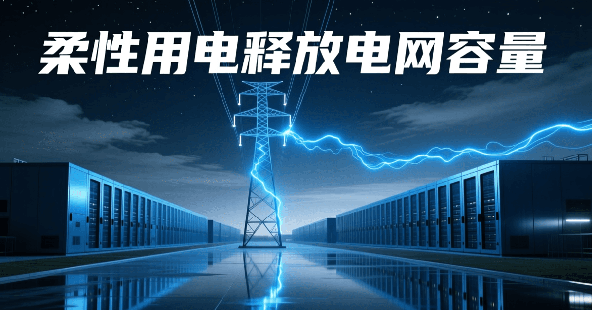 夜色中的大型 AI 数据中心园区外景,成排机柜建筑的冷蓝色轮廓与前景高压输电塔、发光电线相连,象征数据中心负荷与电网之间的动态调度关系
