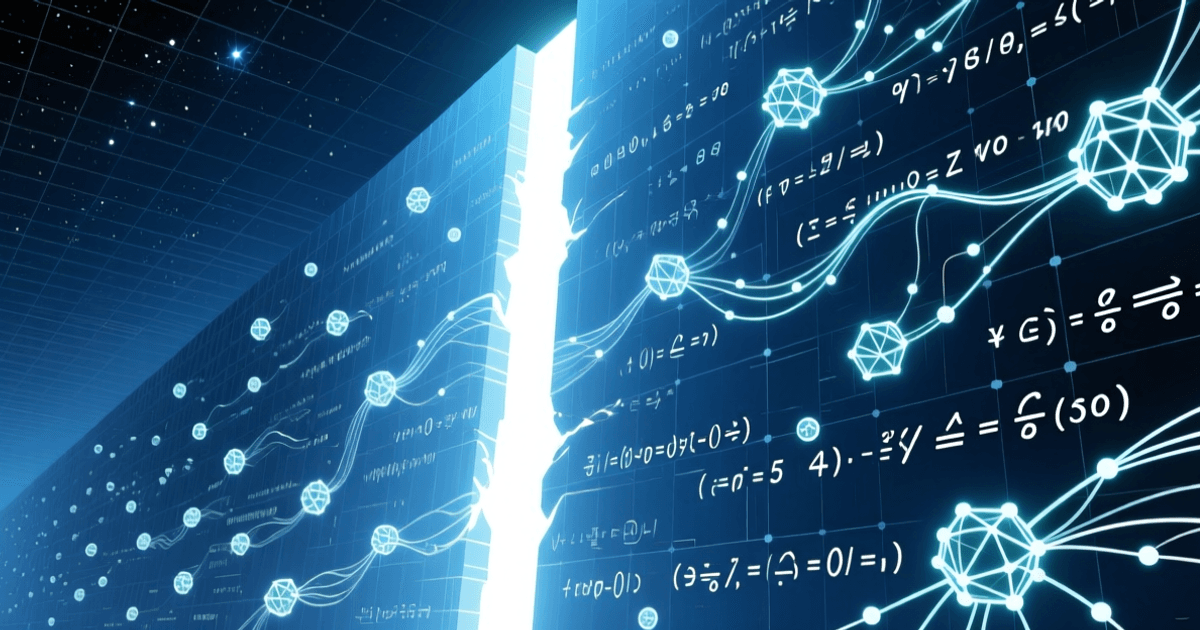 深蓝色科技插画:一堵布满发光数学公式与几何符号的巨墙被中央一道白色光束贯穿,四周环绕发光的神经网络节点与数据网格