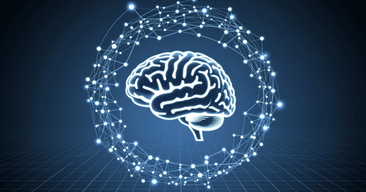 蓝色科技色调的抽象未来主义 AI 大脑与神经网络图形,象征谷歌 DeepMind 领导层交接与 AI 战略调整