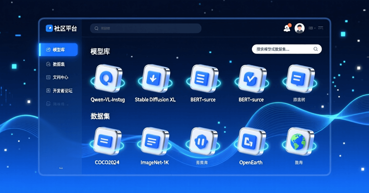 AI开源社区平台界面,展示模型库和数据集图标,蓝色科技风格