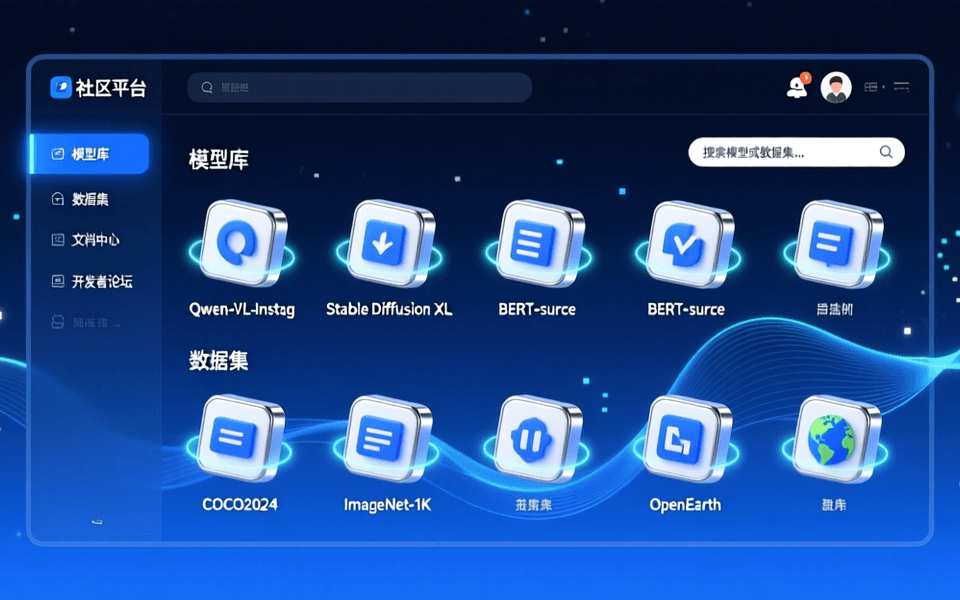 AI开源社区平台界面,展示模型库和数据集图标,蓝色科技风格