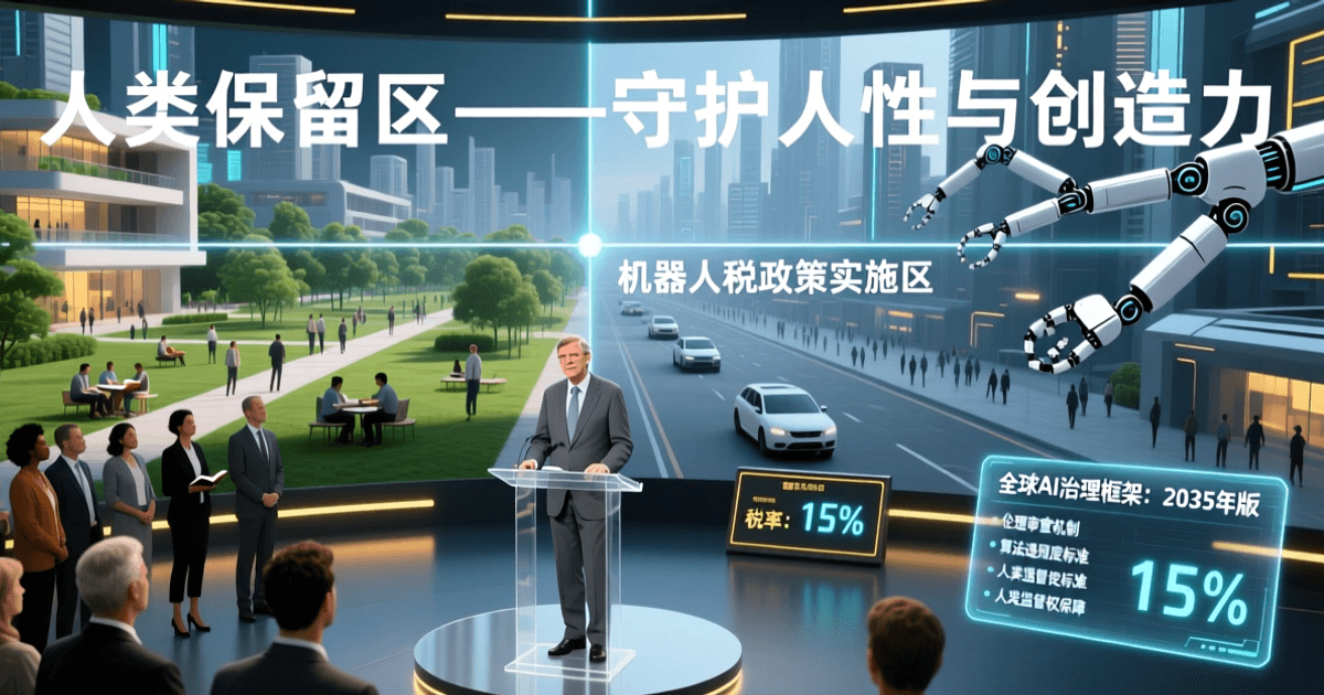 比尔·盖茨呼吁AI减速,人类保留区与机器人税概念图