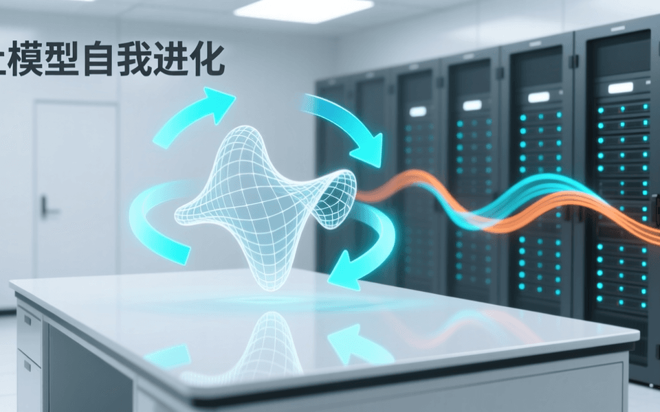 科研计算与模型自主迭代的抽象示意画面,体现研究闭环与算力集群