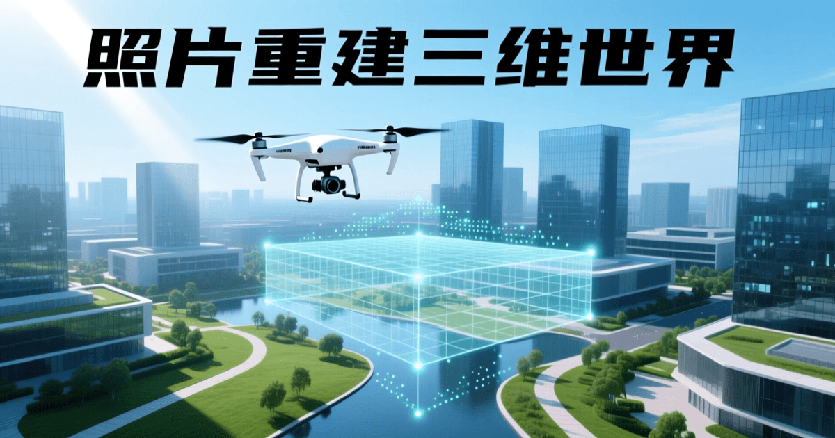 俯瞰视角的现代科技园区,建筑与绿化区域之上叠加半透明三维网格与点云结构,一架白色无人机悬停于画面上方,示意由照片重建的可交互三维世界