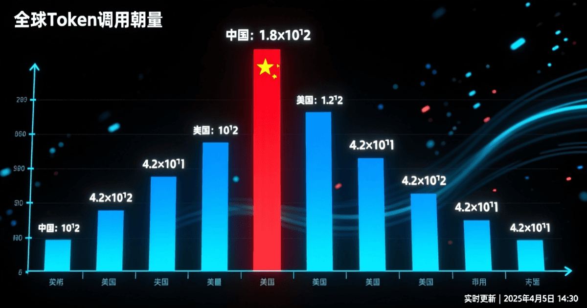 全球Token调用量对比柱状图,中国红色柱远超美国蓝色柱,数据大屏风格