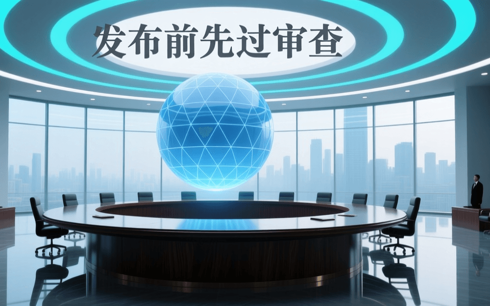 庄重的现代会议厅内圆形深色长桌居中,桌上方悬浮半透明蓝色几何护罩,表面为细密均匀网格纹理,四周环绕蓝色与青色同心光环,背景是高耸玻璃幕墙