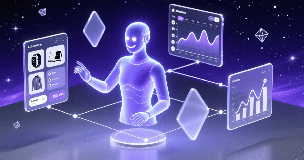 未来感数字空间中,一个发光的AI助手全息投影正在操控多个悬浮屏幕