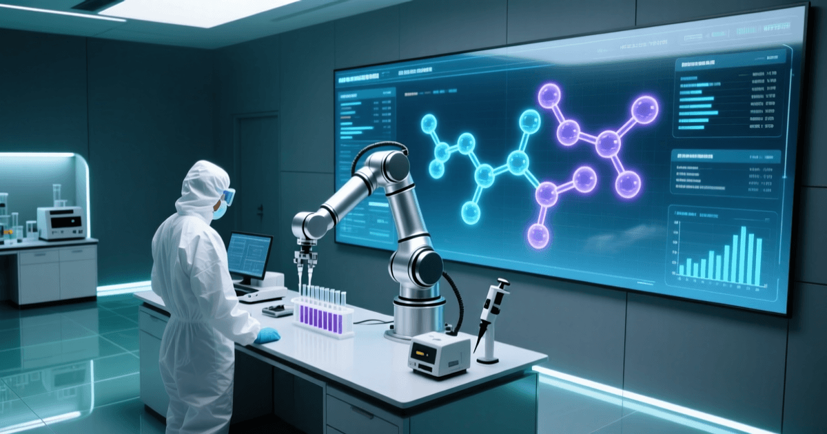 现代化AI实验室内,机械臂在AI指挥下自动操作试管和仪器