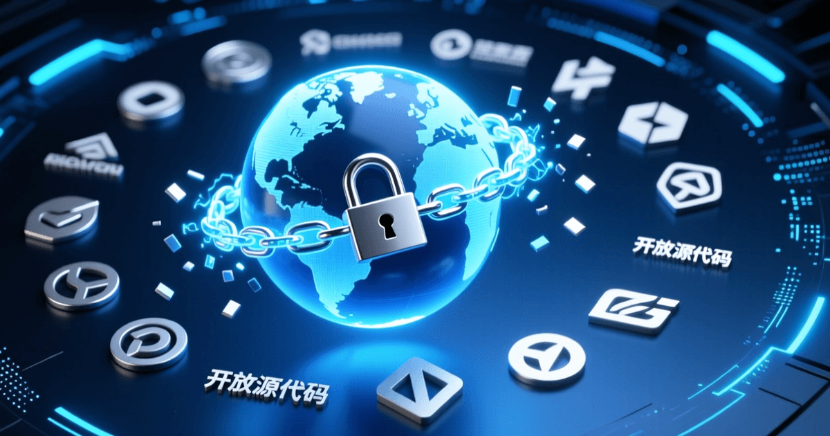 科技企业标志环绕发光地球,开源锁链被解开的开放生态概念图