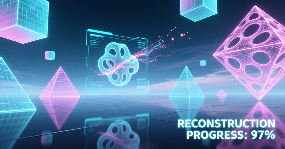 3D生成虚拟世界,浮空几何体带线框覆盖,全息界面显示3D模型重建