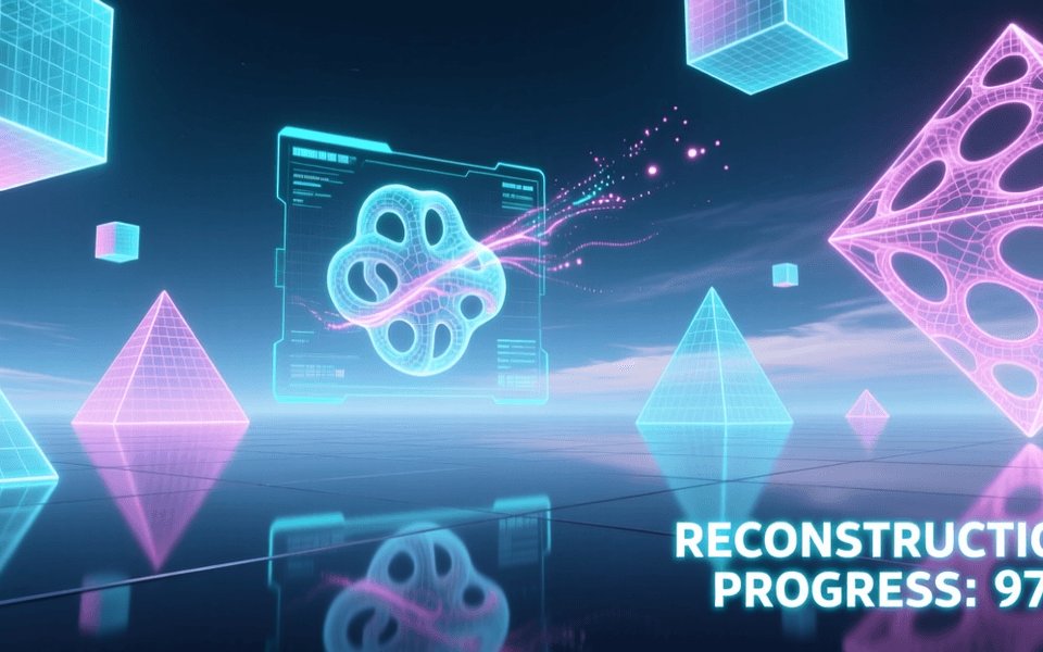 3D生成虚拟世界,浮空几何体带线框覆盖,全息界面显示3D模型重建
