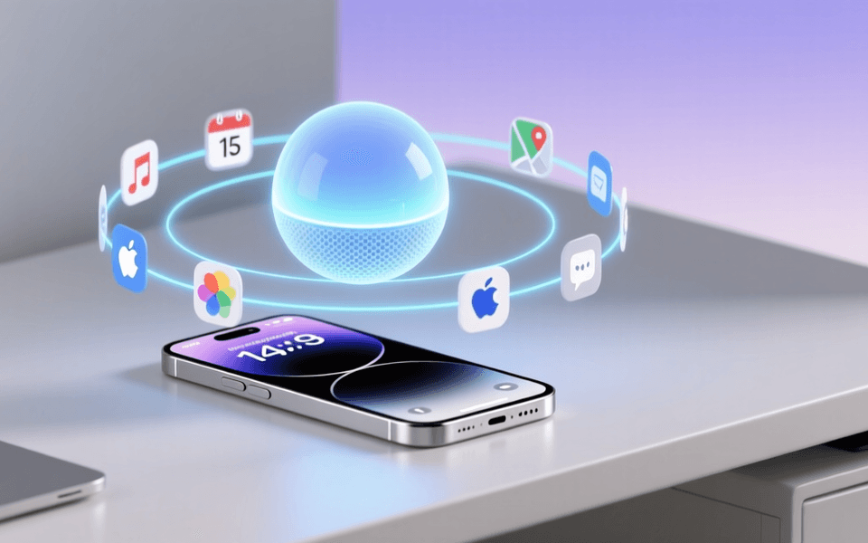 苹果风格极简桌面,发光的Siri球体悬浮在iPhone和MacBook上方