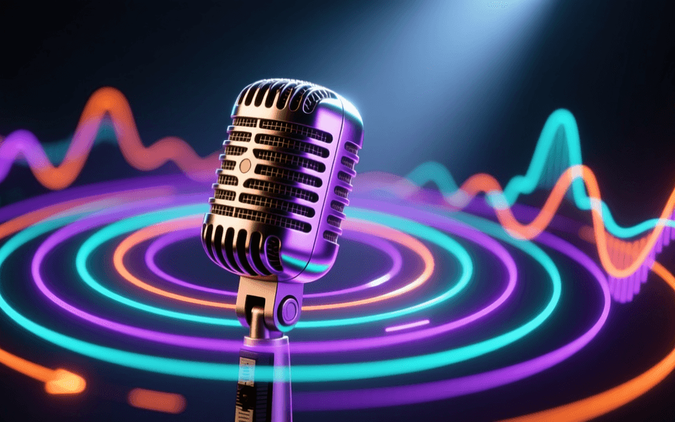 阶跃星辰StepAudio 3语音模型概念图:录音室专业麦克风与悬浮的彩色声波波形