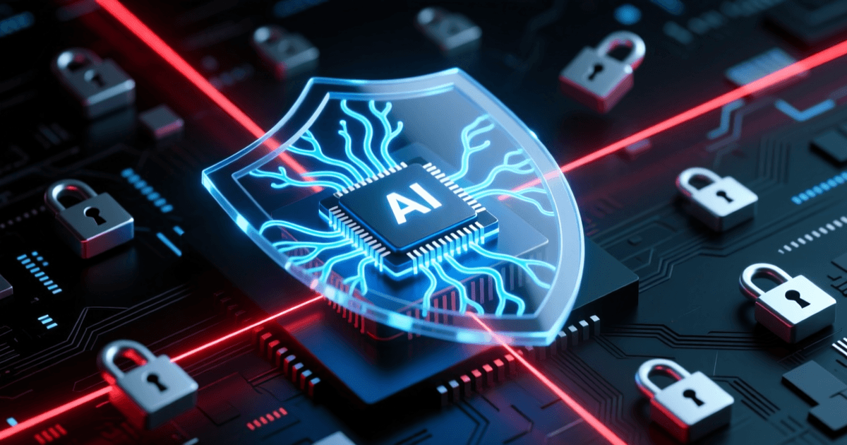 深色背景中发光的 AI 神经网络芯片被防护盾包围,周围有红色警报光线和锁形图标,象征 AI 网络安全事件